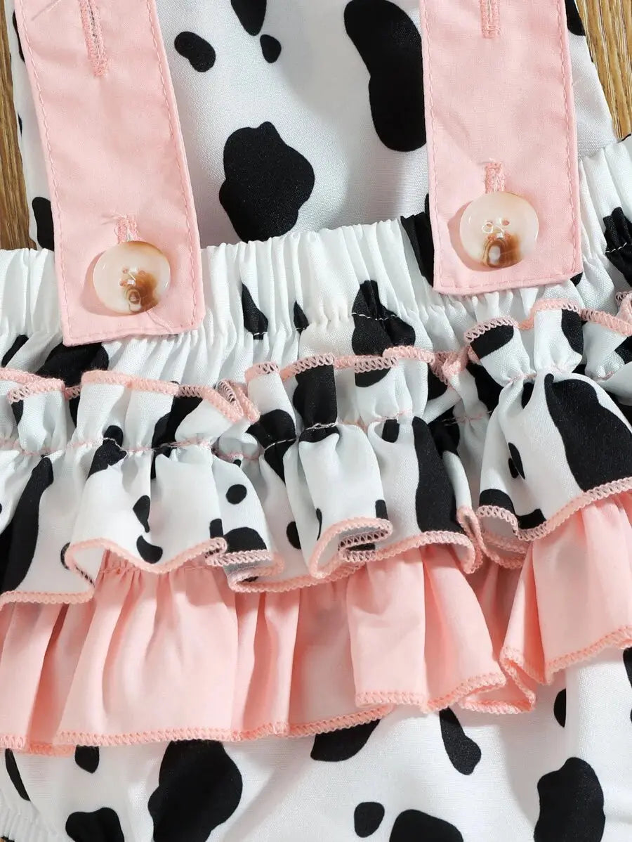 SHCW - Baby Cow Print Layered Ruffle Trim Bow Front Bodysuit With Headband Cadiz Boutique, Inc.
