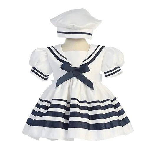 F167W - WHITE NAUTICAL SAILOR DRESS AND HAT - STRIPED SKIRT Cadiz Boutique, Inc.